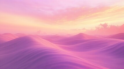 A photo of a remote desert landscape, featuring sand dunes with rippled patterns and a dramatic pink and purple sunset. 