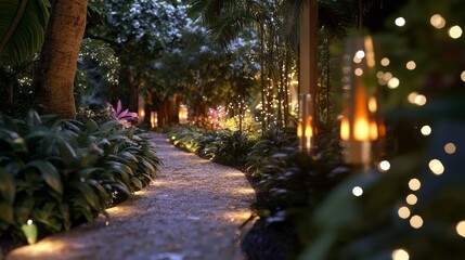 Obraz premium A garden path at night, illuminated with warm white LED lights.