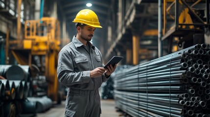Engineer using digital tablet, managing steel production in large warehouse