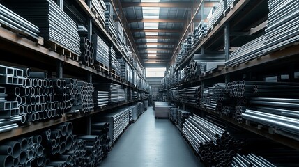 Metal pipes and tubes stacked on warehouse shelves
