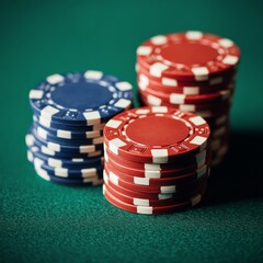 Poker gambling chips on green background with copy space. Casino poker bet, close-up 