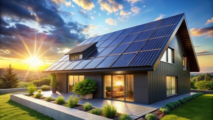 Fototapeta premium Modern Home Solar Panels Roof - Sustainable Energy Architecture Design