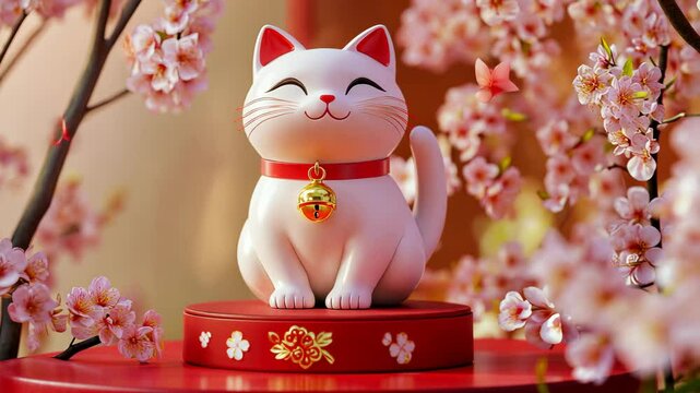 A white beckoning cat with a red collar and golden bell, picture