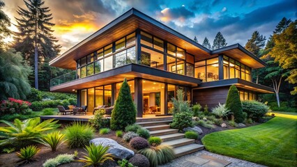 Fototapeta premium Modern House Embraced by Lush Greenery with Expansive Windows and Inviting Porch for Tranquil Living in a Serene Natural Setting