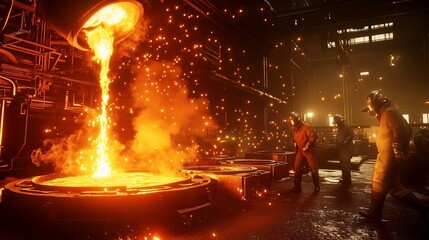 Steelworkers pouring molten metal in foundry at steel mill