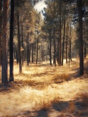 Fototapeta premium A photo of a quiet forest glade with soft sunlight streaming through tall pine trees, and a carpet of fallen needles.