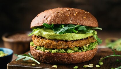  Delicious plant-based burger with avocado and arugula on a whole-wheat bun
