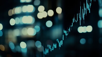 A stock market graph with orange and blue colors, displaying sharp typography on an abstract cityscape background.