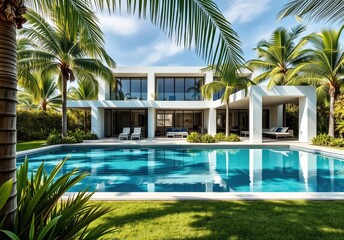 Fototapeta premium Exterior of amazing modern minimalist cubic villa with large swimming pool among palm trees