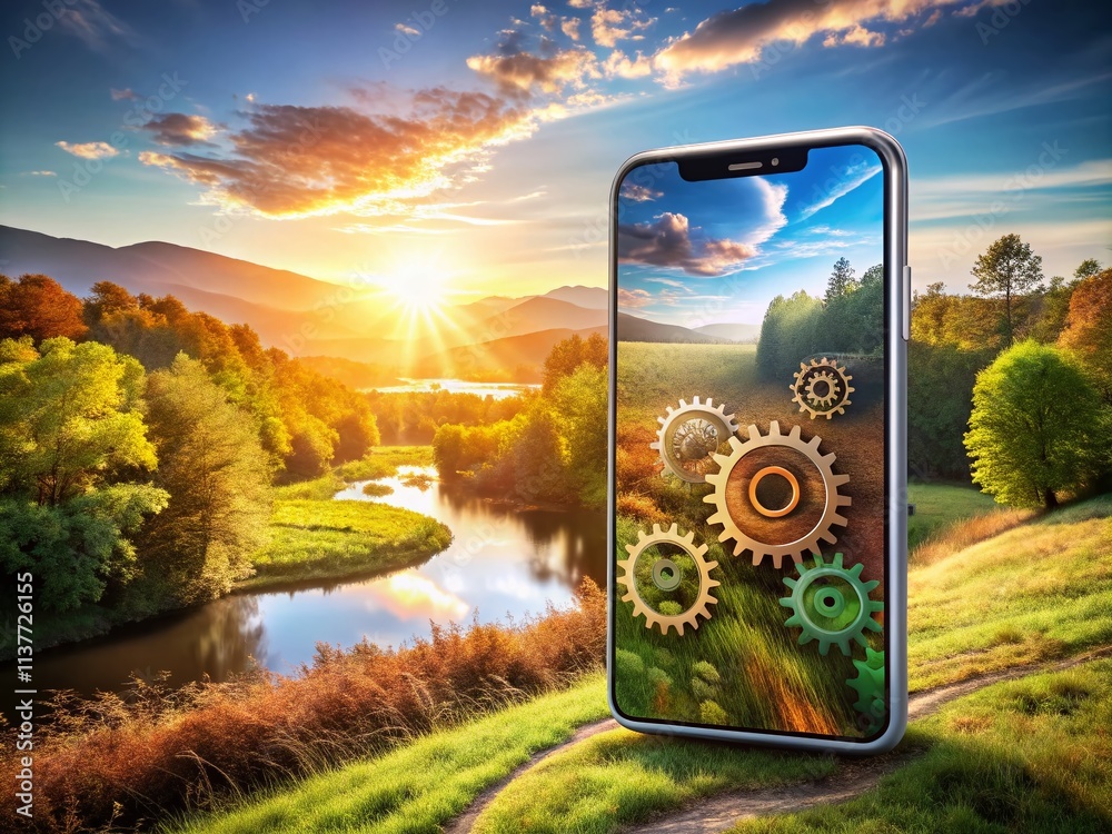 Poster modern mobile application settings interface with cogwheel design in a futuristic landscape setting 