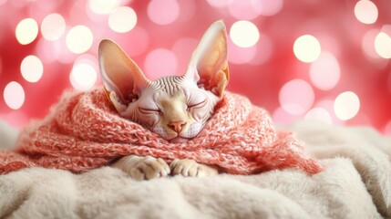 Sleeping Sphynx kitten snuggled in a warm scarf