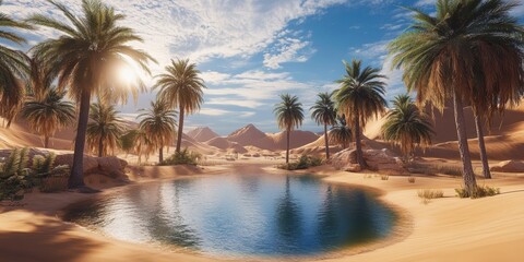 Fototapeta premium Oasis with Palm Trees and a Small Pond in a Desert Landscape