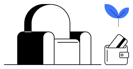 Armchair positioned beside wallet containing credit cards, blue leaf symbol. Ideal for finance, sustainability, eco-friendly living, business growth, investment, comfort modern design. Line metaphor