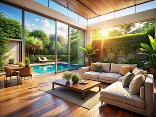 Fototapeta premium Modern Open Plan Living Room, Large Window, Cozy Patio, Swimming Pool - Architectural Photography