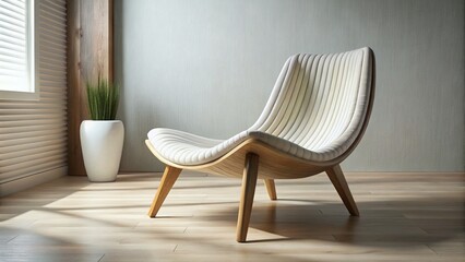 Fototapeta premium Modern Organic Lounge Chair: White Ribbed Texture Seat & Wooden Base Minimalist Design