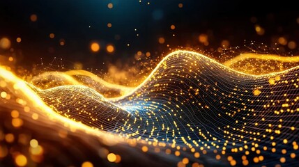 The abstract wave of digital weave lines creates a mesmerizing pattern as it connects the network dots against a dark background, conveying a sense of modernity and sophistication