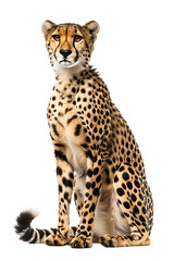 A magnificent cheetah sits calmly looking forward with striking spotted fur isolated on a clean transparent background for advertising.
