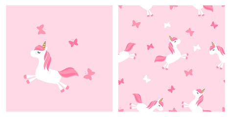 Seamless pattern with unicorn cartoons and butterflies on pink background vector. © Thanawat