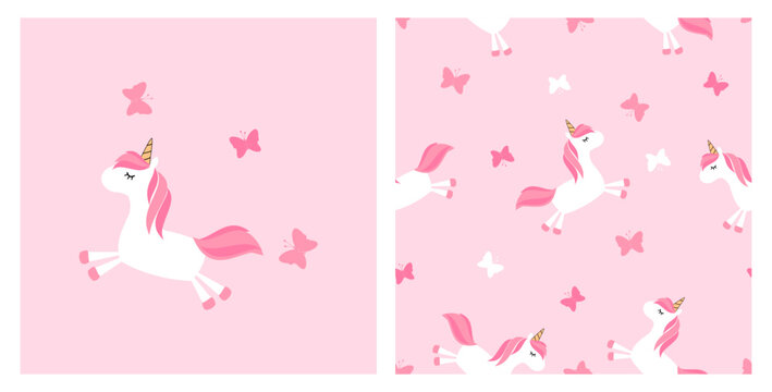 Seamless pattern with unicorn cartoons and butterflies on pink background vector.