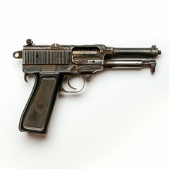 Studio shot of an old handgun lying on a white background, showing signs of rust and wear from age and use