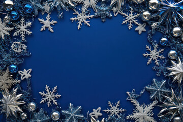 Festive Blue and Silver Frame with Decorative Snowflakes and Ornaments for Holiday Celebrations and Event Invitation Backgrounds