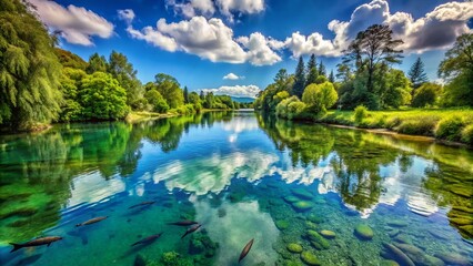 Obraz premium Mohara River Fishing Landscape, Scenic Fishing Hole, Tranquil River Scene, Serene Waterscape, Peaceful Fishing Spot, Riverbank Fishing, Mohara River View, Stunning River Landscape