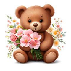 花に囲まれて花を持っているかわいいテディベアのイラスト（Illustration of a cute teddy bear surrounded by flowers and holding a flower）
