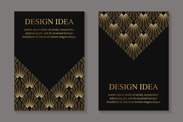 Modern geometric luxury black backgrounds for business or greeting cards with golden rhombuses in art deco style