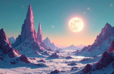 science fiction poster, astronomy, futuristic space travel concept. alien planet with towering rocky crystal formations and satellite moon in sky, surreal extraterrestrial landscape.