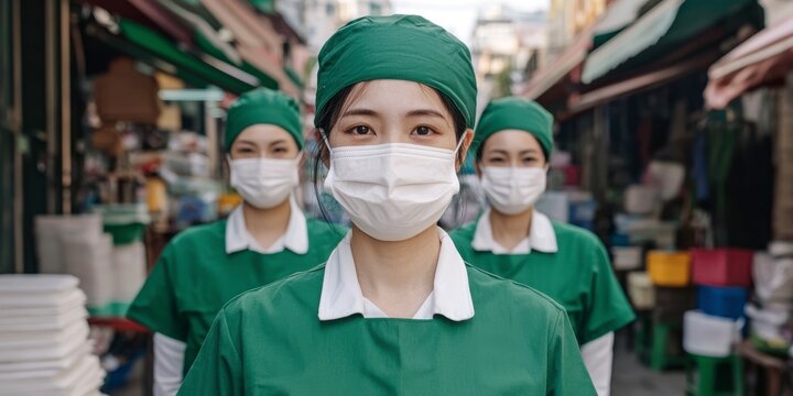 PM 2.5 fine dust concept. Three healthcare workers in green uniforms and masks stand confidently in a bustling market, showcasing dedication and professionalism in their environment.