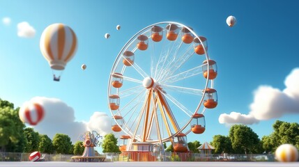 Colorful ferris wheel with hot air balloons in clear blue sky and green trees in vibrant summer park