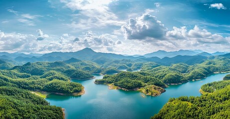 Aerial view of a river flowing through a tropical forest mountain landscape with clouds in the sky. AI generated illustration
