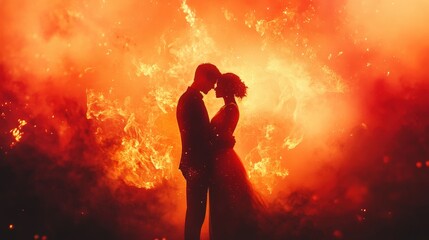 Romantic Embrace Silhouetted Against Fiery Background Creating a Passionate Atmosphere Perfect for Celebrating Love and Connection in Dramatic Settings