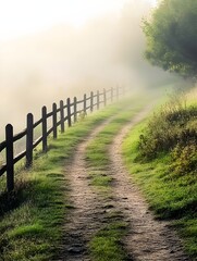 Fototapeta premium misty morning in the countryside, with a dirt path lined by wooden fences and dew-covered grass.