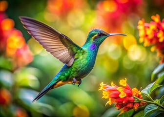 Fototapeta premium Vibrant Colibri in Costa Rica Surrounded by Colorful Blossoms and Soft Bokeh Effect for a Dreamy Nature Scene