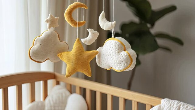 Cradle Mobile with Soft Toys Description: A delicate baby picture