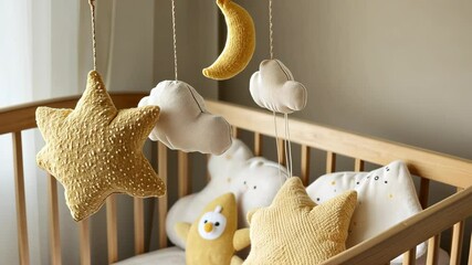 Cradle Mobile with Soft Toys Description: A delicate baby picture