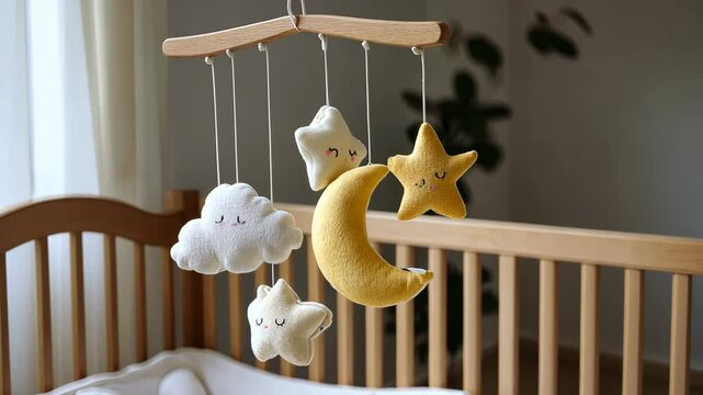 Cradle Mobile with Soft Toys Description: A delicate baby picture