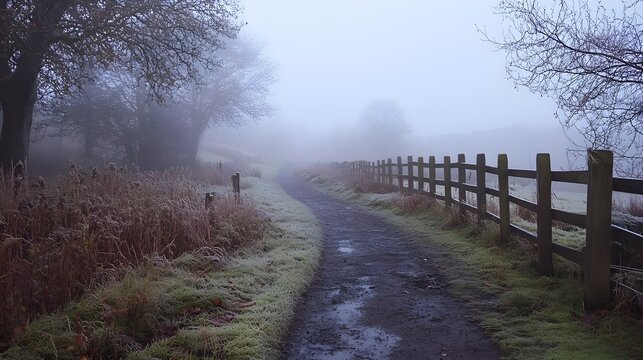 misty morning in the countryside, with a dirt path lined by wooden fences and dew-covered grass.