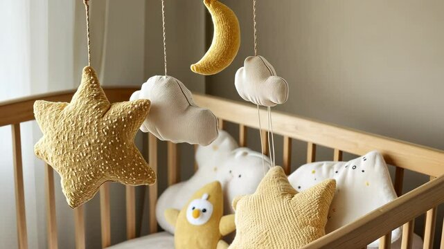 Cradle Mobile with Soft Toys Description: A delicate baby picture
