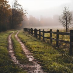 Fototapeta premium misty morning in the countryside, with a dirt path lined by wooden fences and dew-covered grass.