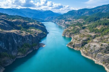 Aerial view of a turquoise river winding through rocky mountains in British Columbia. AI generated illustration