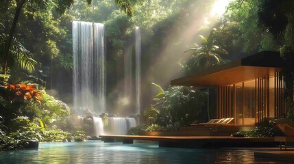 A luxurious villa nestled in a tropical jungle, surrounded by vibrant exotic flora and cascading waterfalls, sleek modern design with natural wood and glass elements,