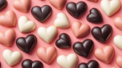 Fototapeta premium Assorted Heart Shaped Chocolates On Pink Background