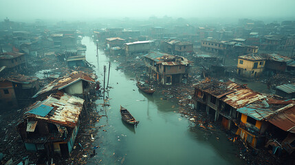 Fototapeta premium Aerial view of coastal town natural disaster after hurricane, storm destruction chaos loss aftermath with uprooted trees, destroyed buildings, and road debris scattered across the landscape