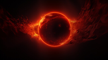 Eclipsed, the solar eclipse, fiery sun, vector illustration, dark background, 3D render, sharp focus