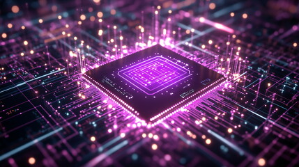 Obraz premium Exploration of advanced artificial intelligence technology through intricate circuit design illuminated by vibrant colors