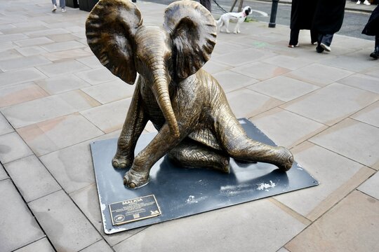 Bronze Elephant Sculpture "Malkia" Close to Spitalfields Market. London, UK, January 2024. 