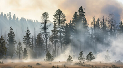 Obraz premium Background featuring a landscape of mountain pine trees in the fog during early spring or autumn. Ideal for screensavers or interior design.