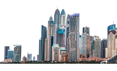 Majestic futuristic skyline of urban downtown skyscrapers, isolated on transparent white